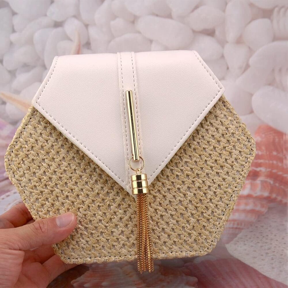 Women's PU Leather Straw Crossbody Bag Small Compact Stylish Casual - Picture 4 of 7